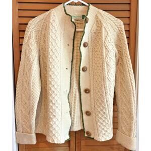 VTG Inisfree Size Med? Hand Knit 100% Wool Cream Cardigan w/Green Trim. Ireland